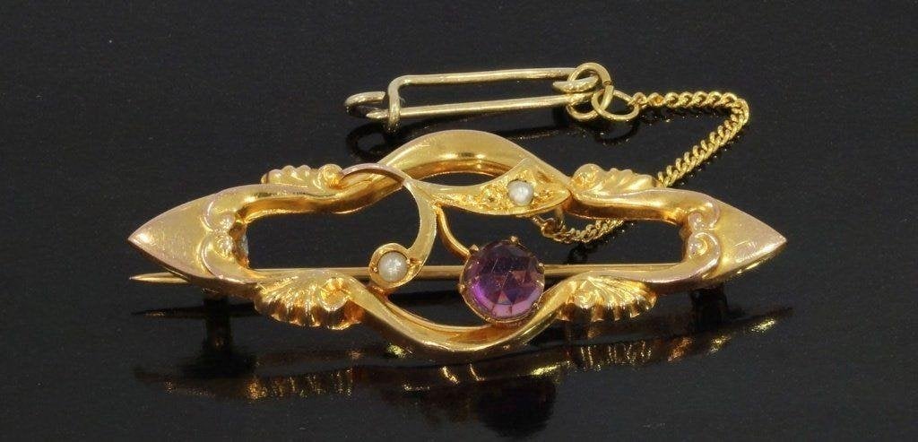 Art Nouveau amethist parel gouden broche antiek fraai, Handtassen en Accessoires, Ophalen of Verzenden, Broche, Met edelsteen