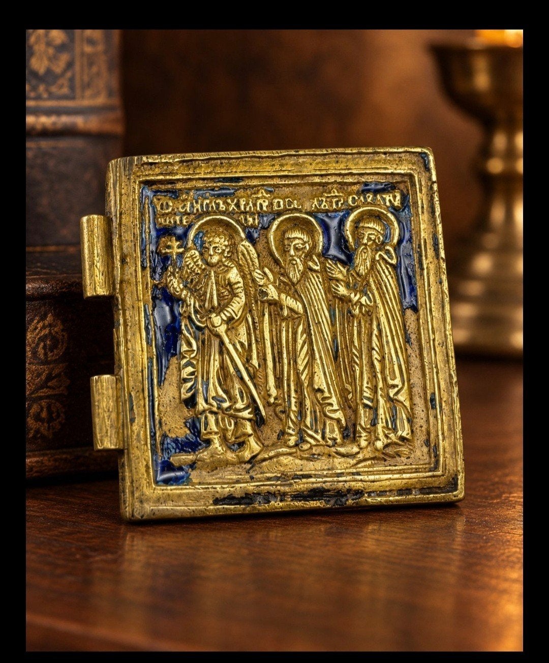 Antieke Russisch-orthodoxe reisicoon 19e eeuw – messing met, Ophalen of Verzenden