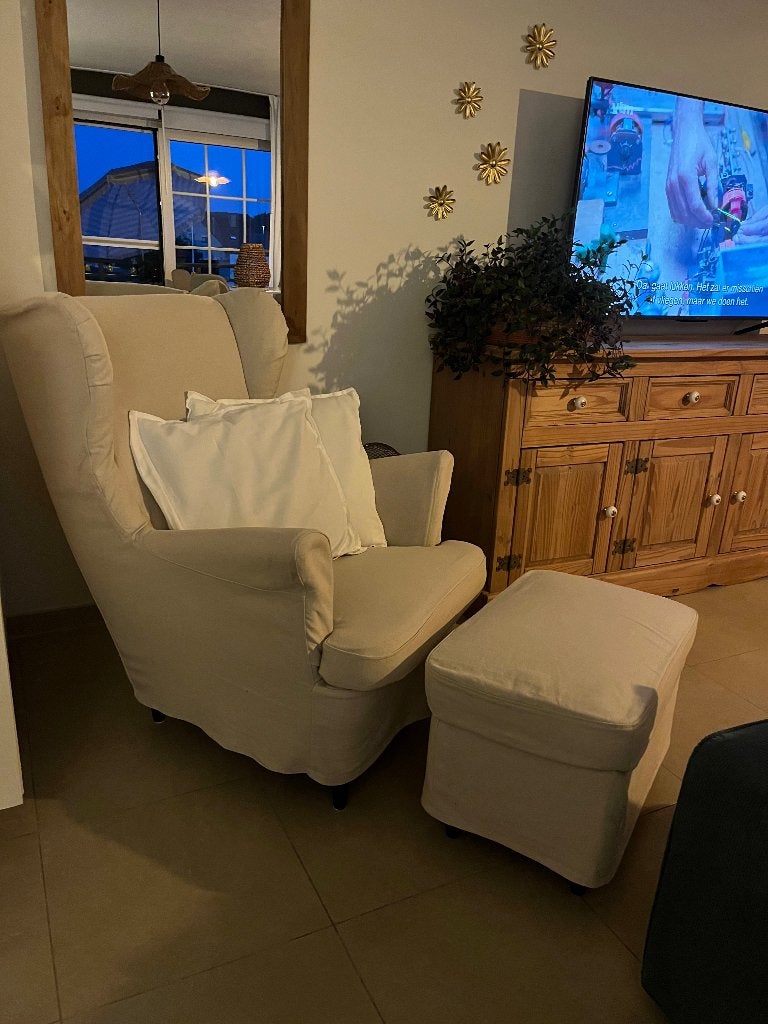 Strandmode fauteuil plus voetbank, Ophalen, Minder dan 75 cm, Scandinavisch, Zo goed als nieuw