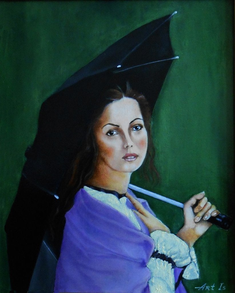 « Fille avec parapluie », Textile, Peinture à l'huile, Certificat d'authenticité, Portrait