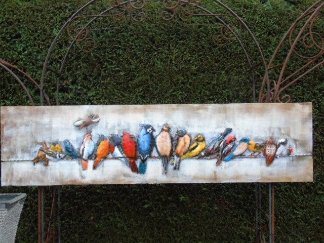 tableau , cadre en métal avec relief, les oiseaux sur un fil, Enlèvement, Comme neuf