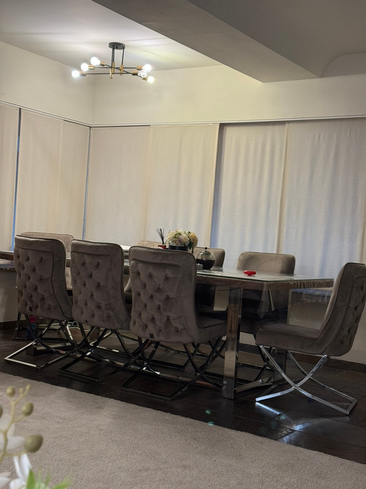 Eettafel met glas + 8 stoelen, Ophalen, Zo goed als nieuw, Glas