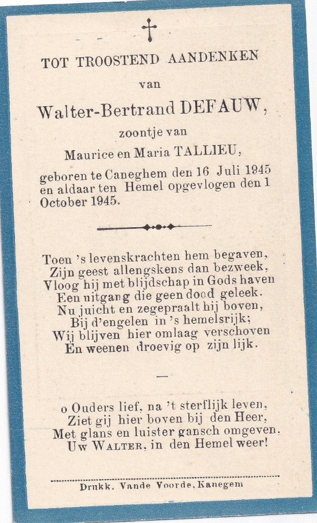K 3 / B P DEFAUW CANEGHEM 1945 - 1945, Verzamelen, Bidprentjes en Rouwkaarten, Ophalen of Verzenden, Bidprentje