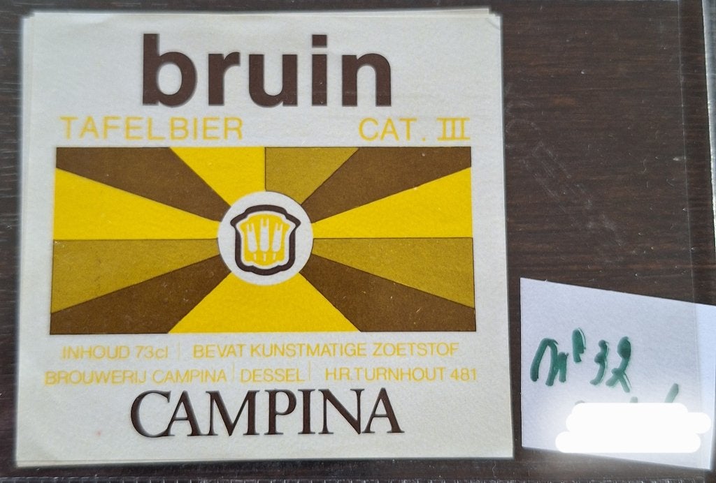 etiket Campina Bruin tafelbier (nr32), Ophalen, Zo goed als nieuw, Overige typen, Overige merken