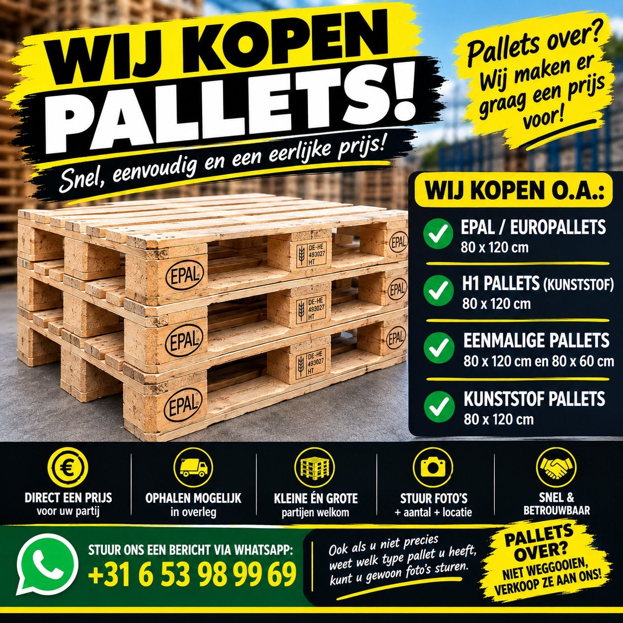 WIJ KOPEN EUROPALLETS | EPAL | H1 | WEGWERP | 80x120, Ophalen, Zo goed als nieuw, Pallet