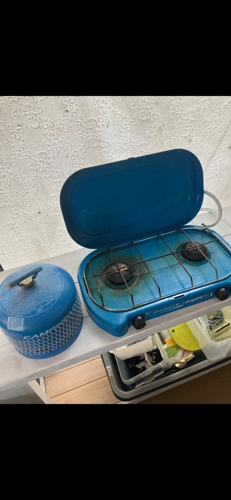 Campinggas vuur kookplaat en gasbus, Ophalen, Gebruikt