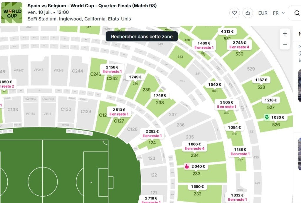 1 billet 1/4 final belgique espagne à los angeles, Tickets en Kaartjes, Sport | Voetbal, Eén persoon