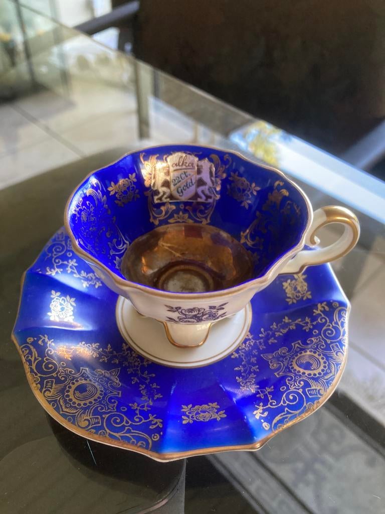 Kobaltblauw verguld kopje met schoteltje alka, Ophalen of Verzenden