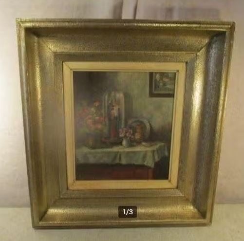 Mooi Oud Geschilderd Werk 'Bloemen en Beeld' - Van Genesen, Antiquités & Art, Art | Peinture | Classique, Enlèvement ou Envoi