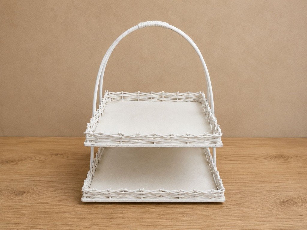 Witte rieten etagère / suikerbonenmand met 2 lagen, Ophalen, Gebruikt, Feestartikel