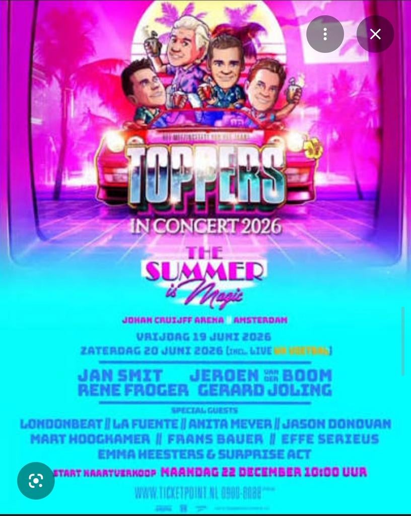 2 Tickets Toppers in Concert (Johan Cruijff Arena) 19 Juni, Twee personen