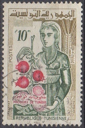 Tunesië - Vrouw met granaatappels - 1959, Postzegels en Munten, Ophalen of Verzenden, Tunesië, Gestempeld