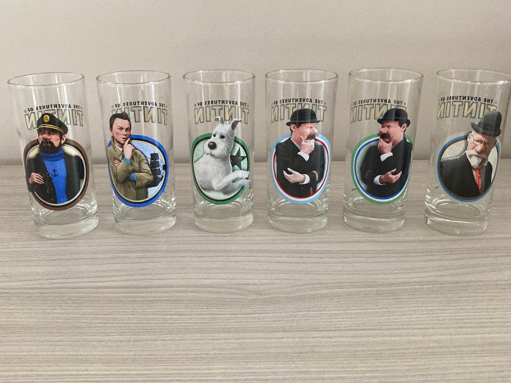 Set van 6 glazen uit de Avonturen van Kuifje, Ophalen of Verzenden, Zo goed als nieuw
