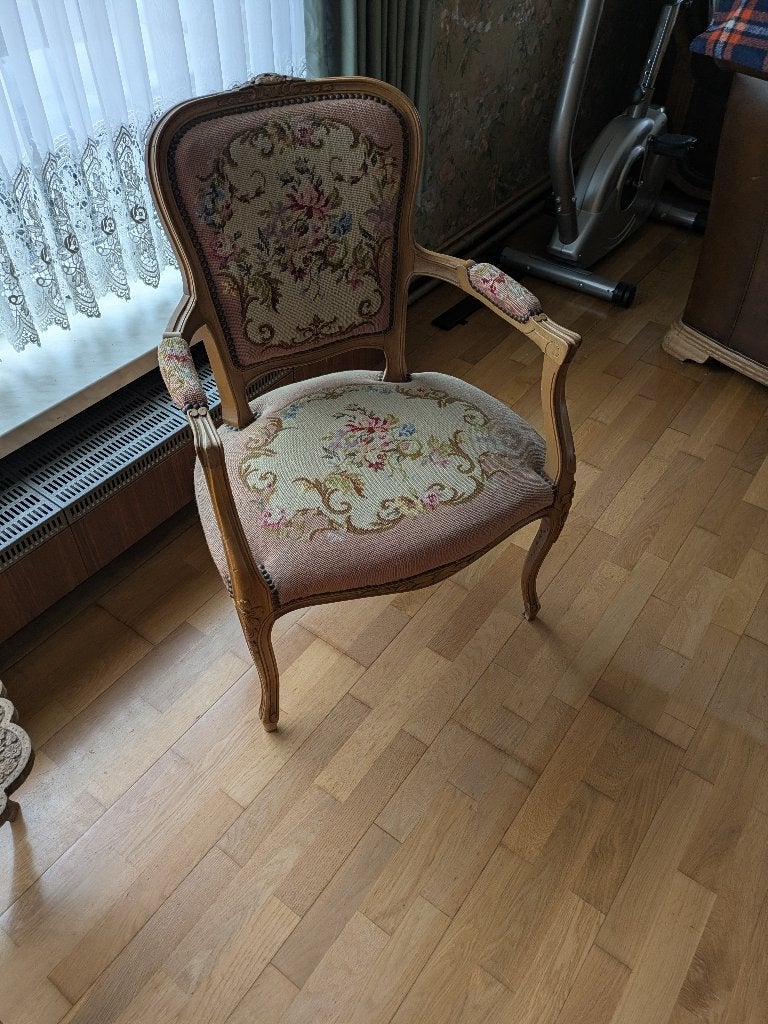 Eiken stoel met leuningen en gestoffeerd, Huis en Inrichting, Stoelen, Ophalen, Gebruikt, Hout