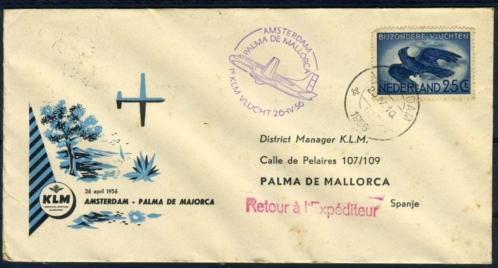 NEDERLAND 1e VLUCHT AMSTERDAM - PALMA DE MALLORCA 26/04/1956, Verzenden, Na 1940, Gestempeld