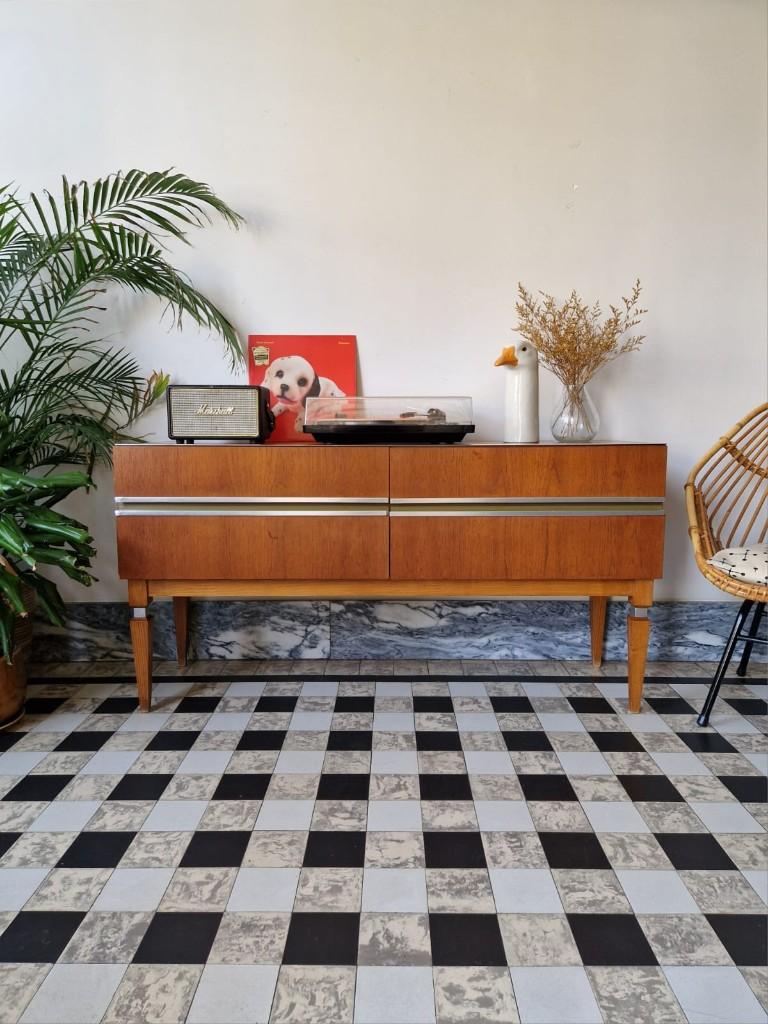 Vintage midcentury dressoir | platenspeler meubel | kast, 25 à 50 cm, Avec tiroir(s), Vintage, 100 à 150 cm