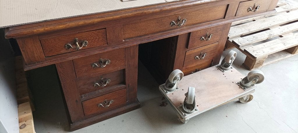 Engels dubbel-pedestaalbureau Victoriaans/Edwardiaanse-stijl, Huis en Inrichting, Ophalen, Gebruikt, 155 cm, Hout