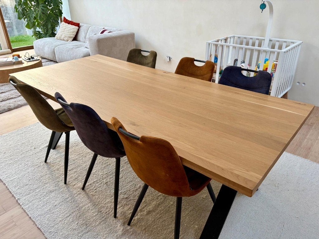 Table à manger en bois (6-8 personnes) avec 6 chaises, Enlèvement, Comme neuf, Industrieel, 4 à 6 chaises