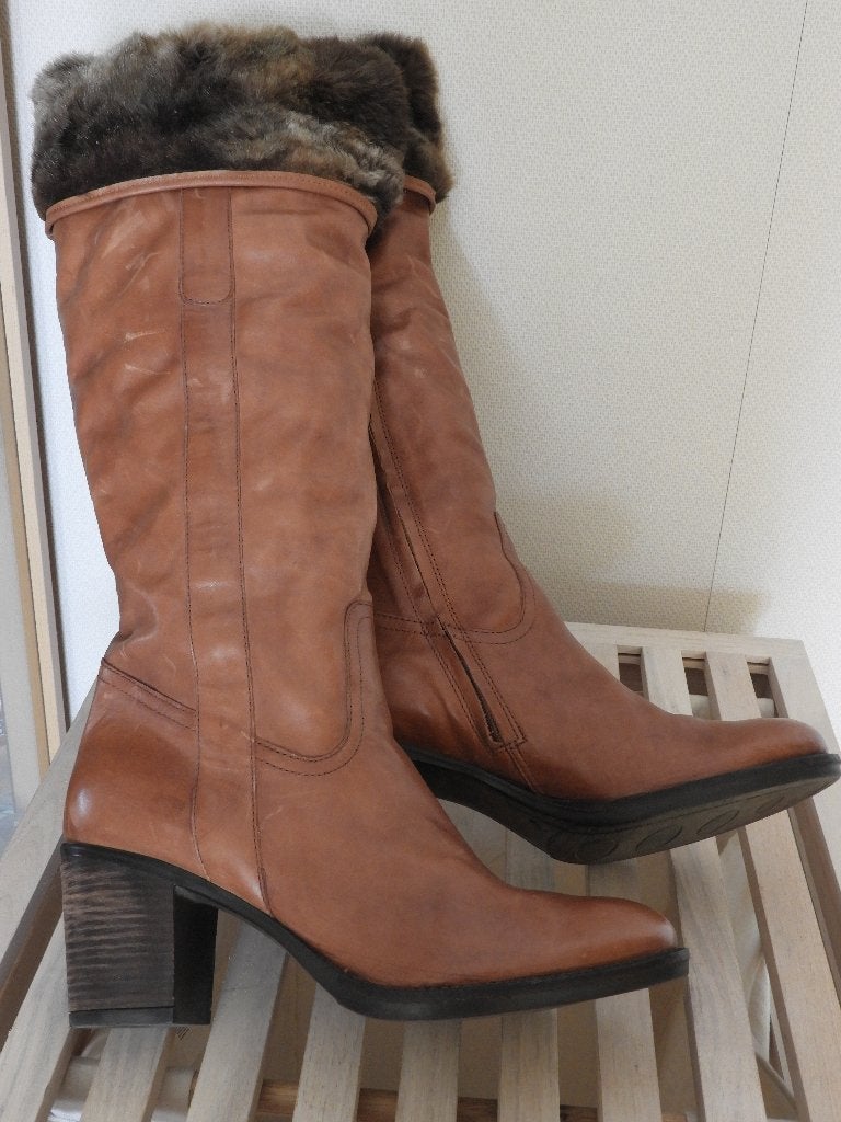 Zacht lederen laarzen - (nep)bontrand - mt 41, Kleding | Dames, Hoge laarzen, Bruin, --, Ophalen of Verzenden