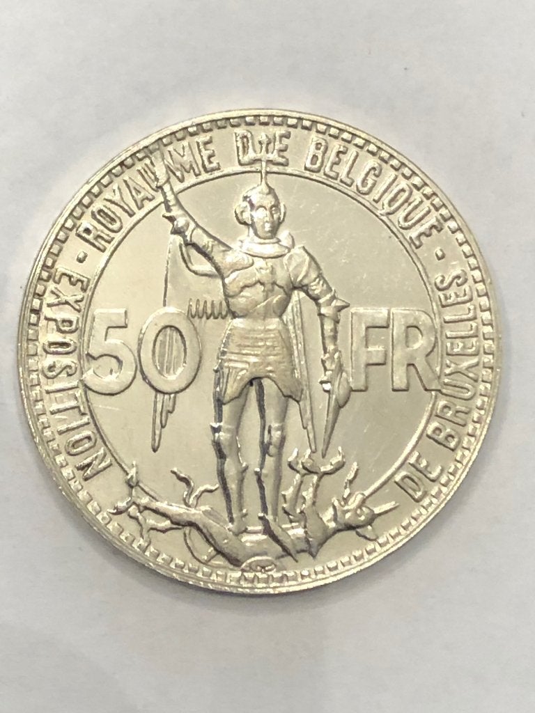 Munt zilver België 50 FR expo 1935 frans pos B MEDAILLESLAG, Zilver, Ophalen of Verzenden, Losse munt, Zilver