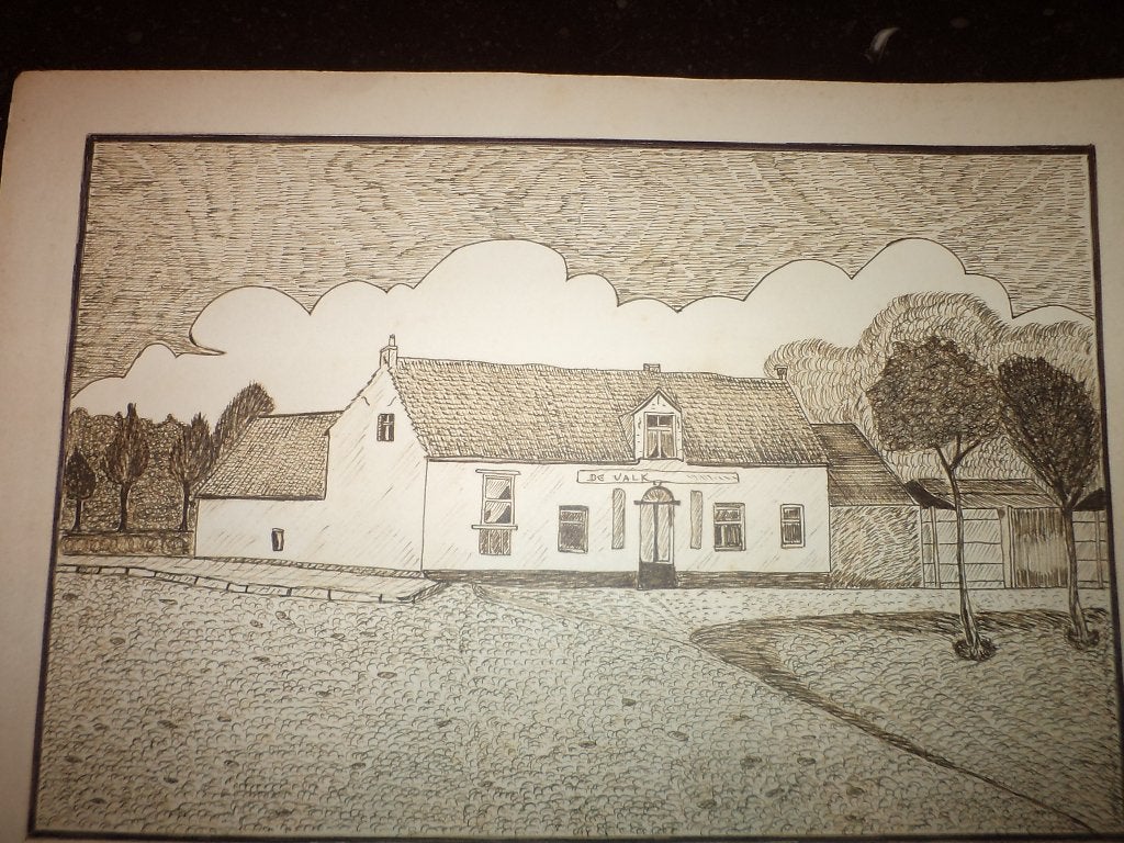 Afspanning De Valk in Borsbeek, Antiquités & Art, Art | Peinture | Classique, Signé, Enlèvement, Dessin, Paysage urbain / rural