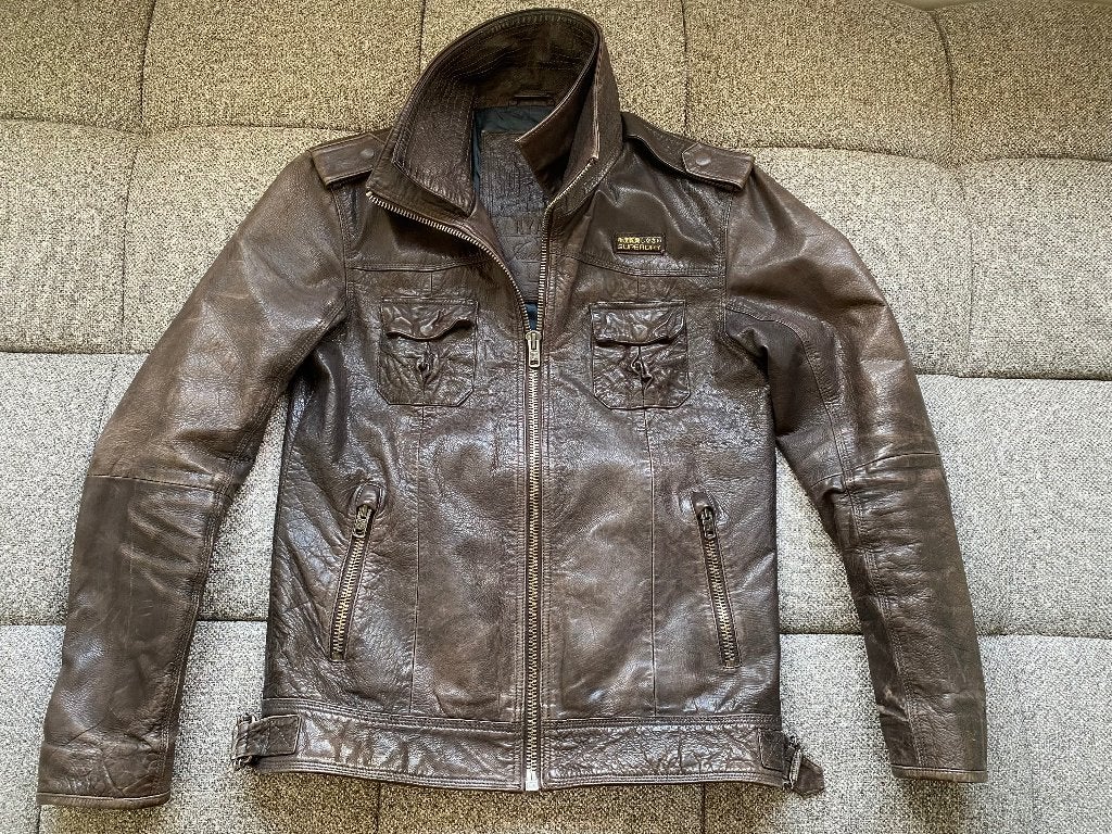 Blouson en cuir Superdry "Ryan", Taille 52/54 (L), Brun, Enlèvement, Porté