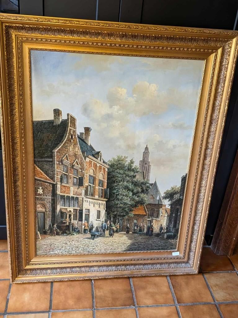 Olieverfschilderij: J BEEKHOUT. Binnenstad en Woensdrecht., Antiek en Kunst, Kunst | Schilderijen | Klassiek, Ophalen