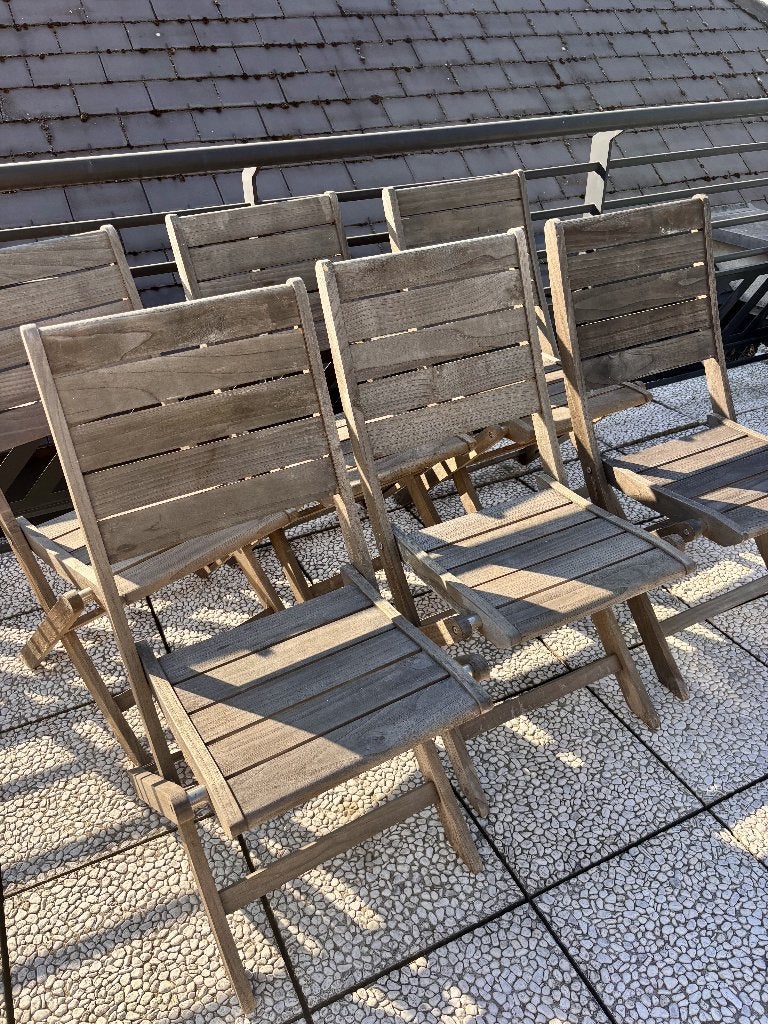 6 chaises de jardin pliables en bois (avec coussins), Enlèvement, Utilisé, Bois, Pliant