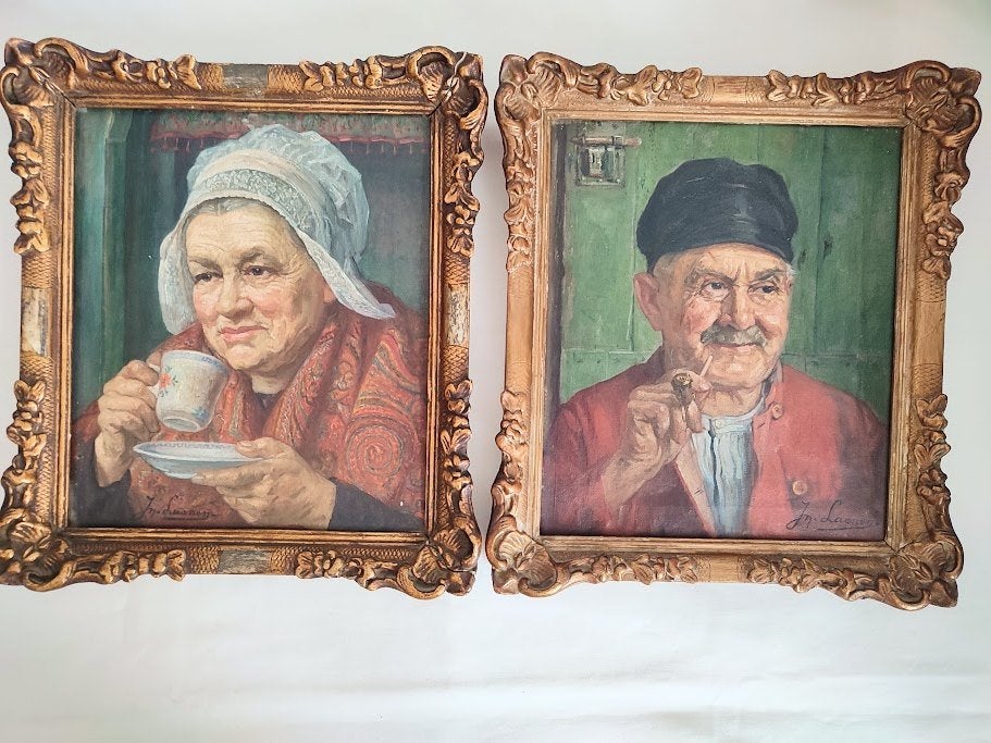 Jean Laenen (1881-1965) - Pendant van twee genreportretten, Doek, Portret of Personen, Ophalen of Verzenden, Bijzondere lijst