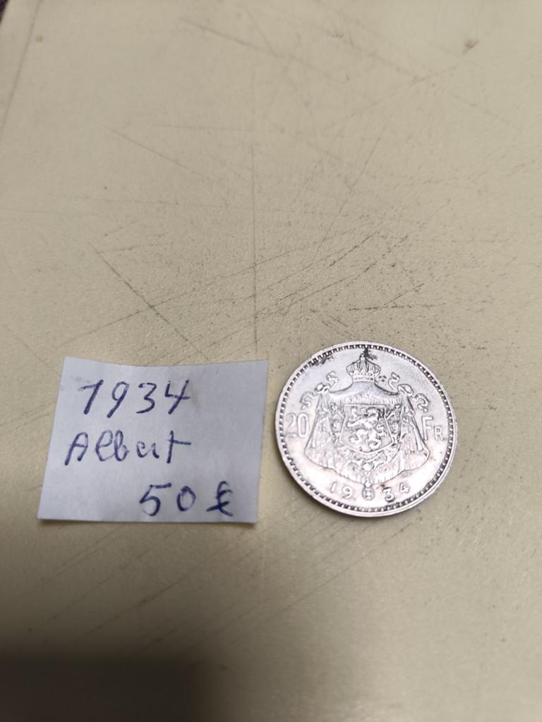 Zilver munt 20 frank 1934 Albert, Postzegels en Munten, Munten | België, Ophalen, Zilver, Zilver
