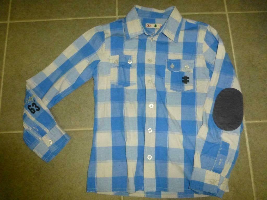 blauw met witte hemd met ellebooglappen van CKS maat 128, Kinderen en Baby's, Gebruikt, Cks, Overhemd of Blouse, Ophalen of Verzenden