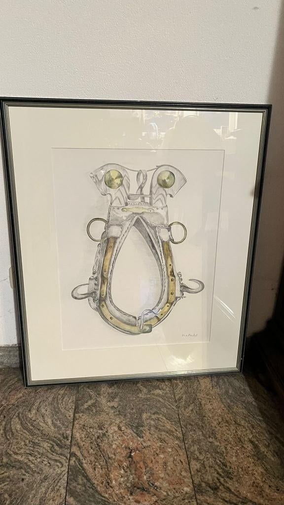 Ingelijste tekening paardenhaam  harnas – gesigneerd, Huis en Inrichting, Ophalen, Tekening, Zo goed als nieuw, 75 cm of meer