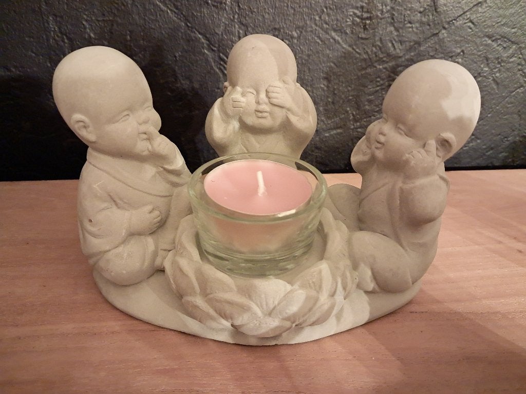 Boeddha beeldjes horen zien en zwijgen met theelichtje, Ophalen of Verzenden, Nieuw, Steen/keramiek