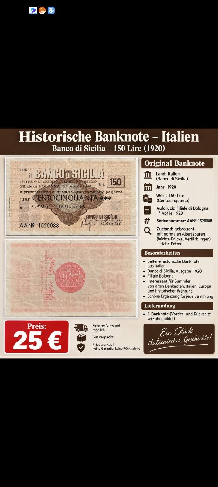 billet de banque, Enlèvement ou Envoi