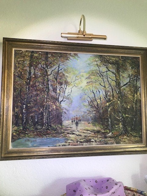Schilderij Ruiters in Bos, olie op doek, Ophalen, Doek, Gesigneerd, Landschap