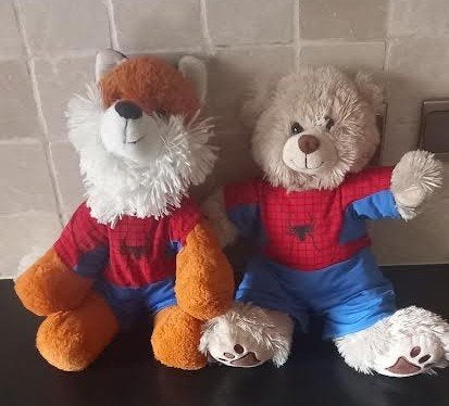 Knuffel Teddy mountain Vos en beer in spiderman, Ophalen of Verzenden, Zo goed als nieuw, Vos, Overige merken
