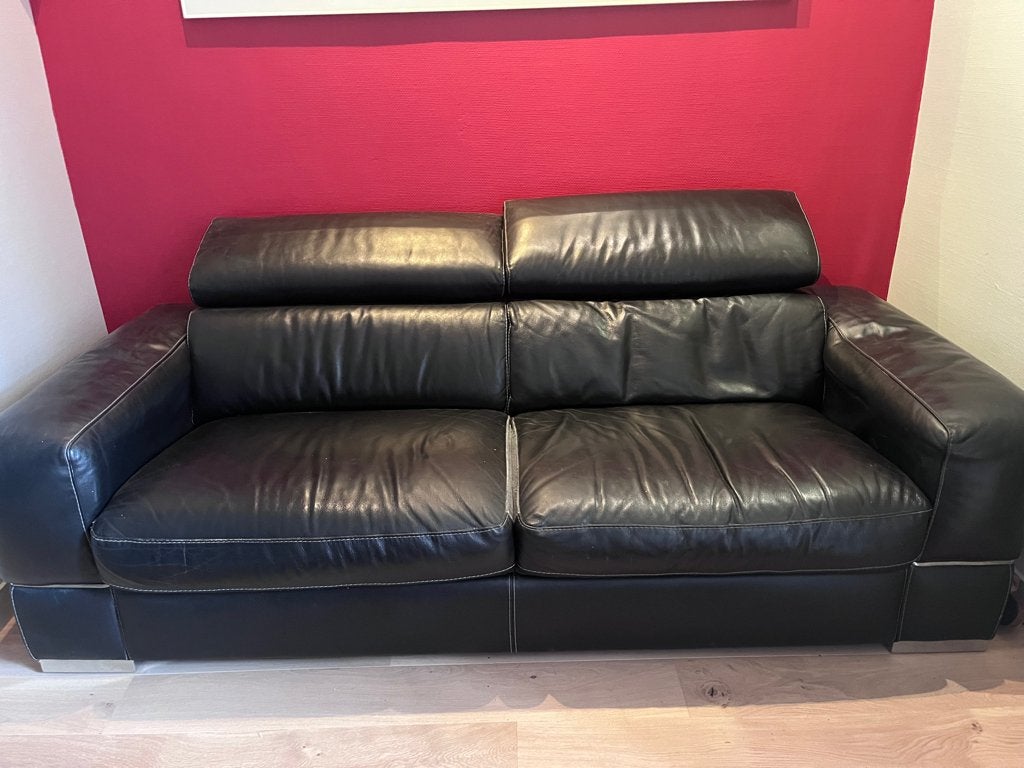 A DONNER Salon cuir noir 3+2 p (Cuir Cent.) A VENIR CHERCHER, Ophalen, Gebruikt, 100 tot 125 cm, Driepersoons