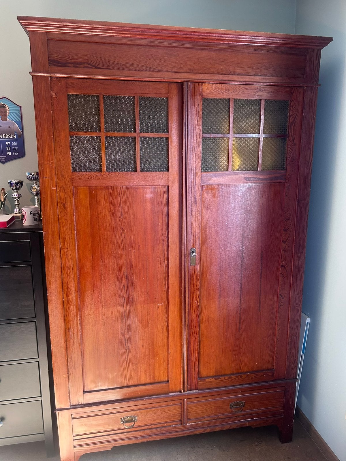 Antieke kledingkast met figuurglas, Huis en Inrichting, Kasten | Kleerkasten, Ophalen, Gebruikt, 100 tot 150 cm, Antien strak