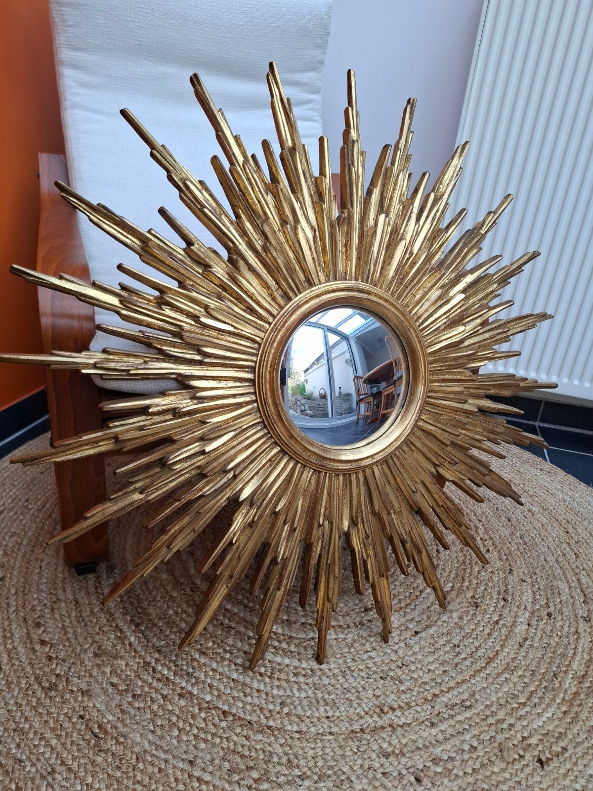 1970- Grand miroir soleil 81cm avec verre convexe de 19.50cm, Antiquités & Art, Enlèvement