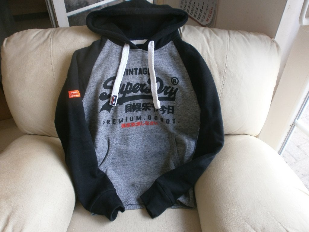 Sweat Superdry épais à capuche gris/noir S, Ophalen of Verzenden, Gedragen, Maat 46 (S) of kleiner, Grijs