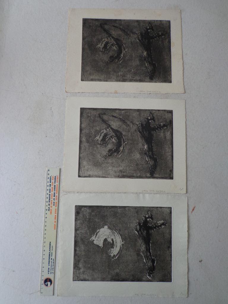 3 staten van dezelfde ets Jan Stroosma Abstracte compositie, Antiek en Kunst, Kunst | Etsen en Gravures, Ets, Gesigneerd, 2000 tot heden
