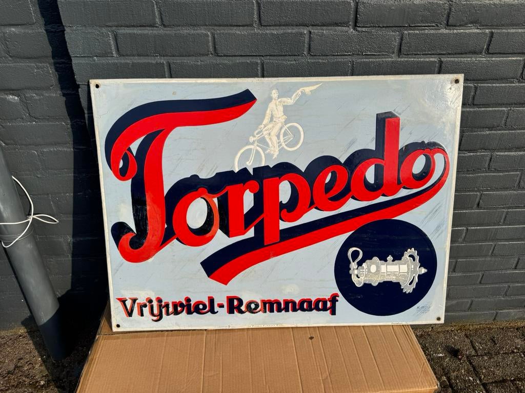 Grand panneau d'affichage en émail Torpedo ancien, Enlèvement, Utilisé, Panneau publicitaire