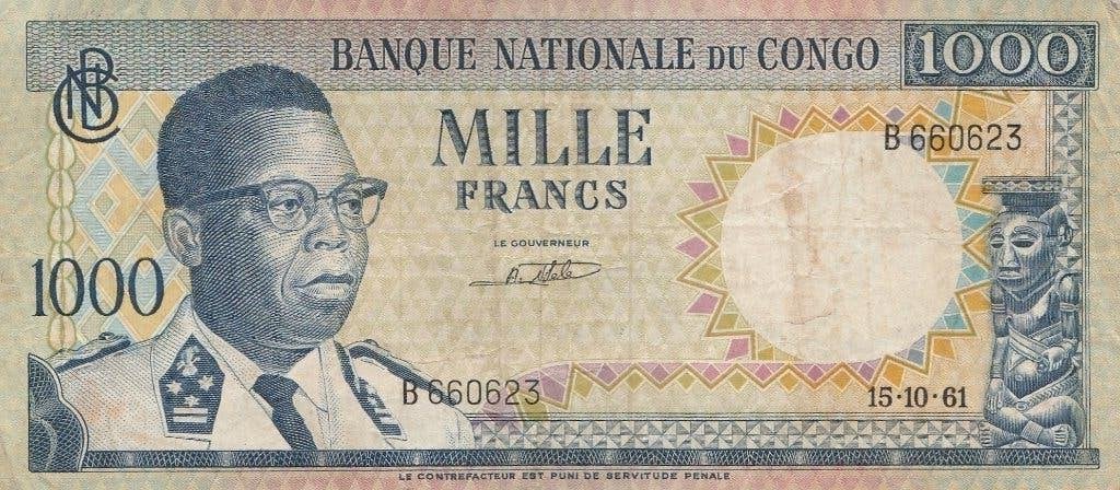 Bankbiljet van 1000 frank uit 1961 in Congo, Postzegels en Munten, Bankbiljetten | Afrika, Los biljet, Ophalen of Verzenden