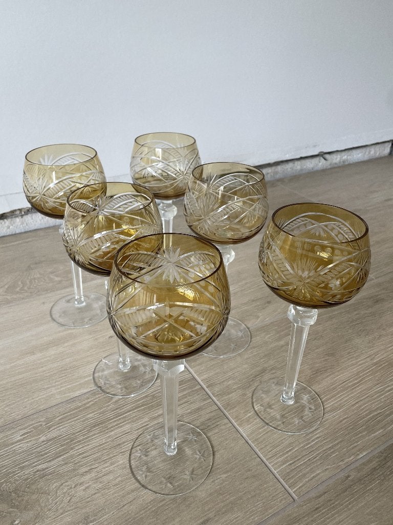 Ensemble de 6 verres à vin vintage taillés en ambre, Enlèvement ou Envoi