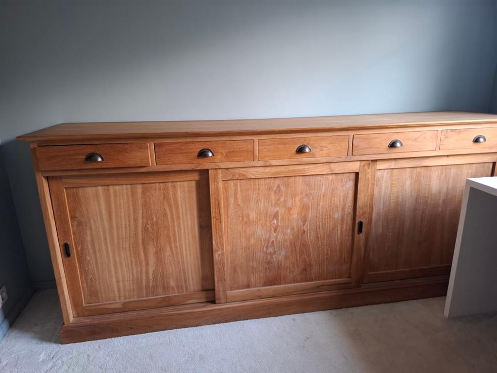 Commode teakhout, 3schuifdeuren met Schap en 4 lades, Ophalen, Met deur(en), Teakhout, 200 cm of meer