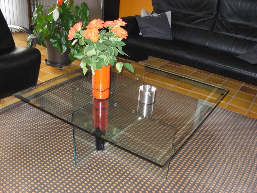 Table basse italienne vintage en verre 1 m x 1 m, Design, 50 à 100 cm, Carré, Verre