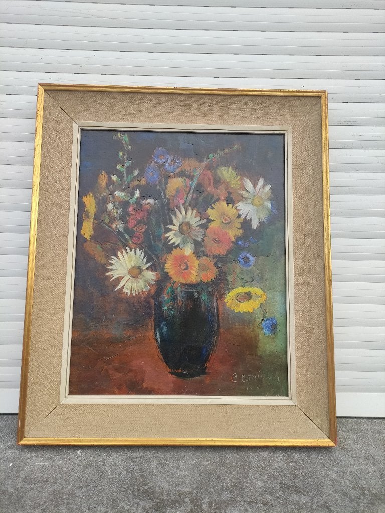 huile sur panneau fleur signe clement conreur, Enlèvement ou Envoi, Panneau