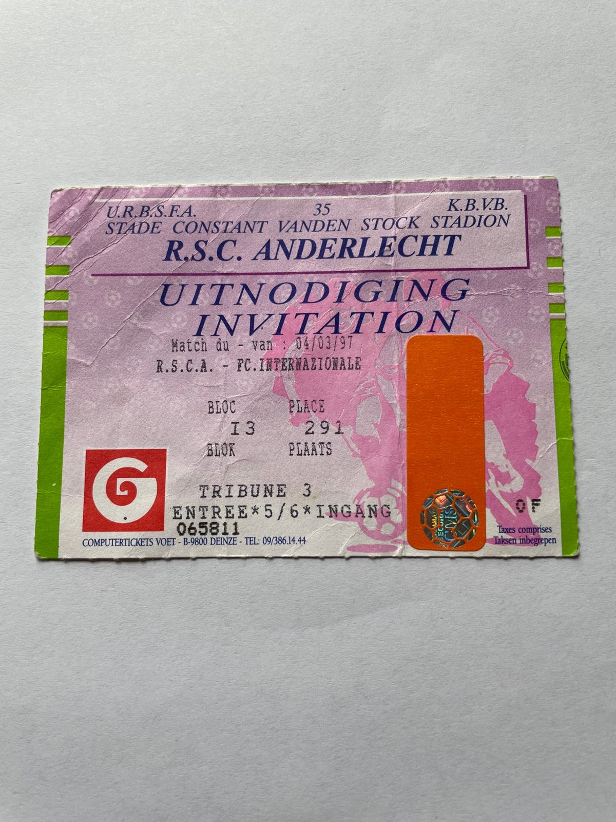 Ticket Anderlecht- Inter 1997, Enlèvement ou Envoi, Utilisé