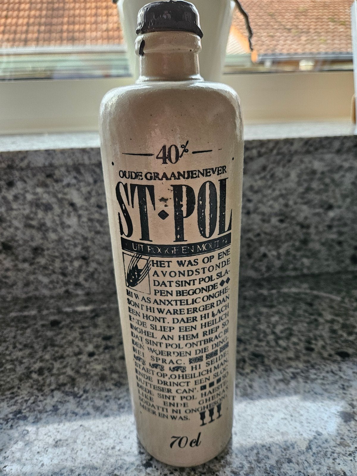 Oude graangenever St Pol met leuke tekst op fles, Ophalen of Verzenden