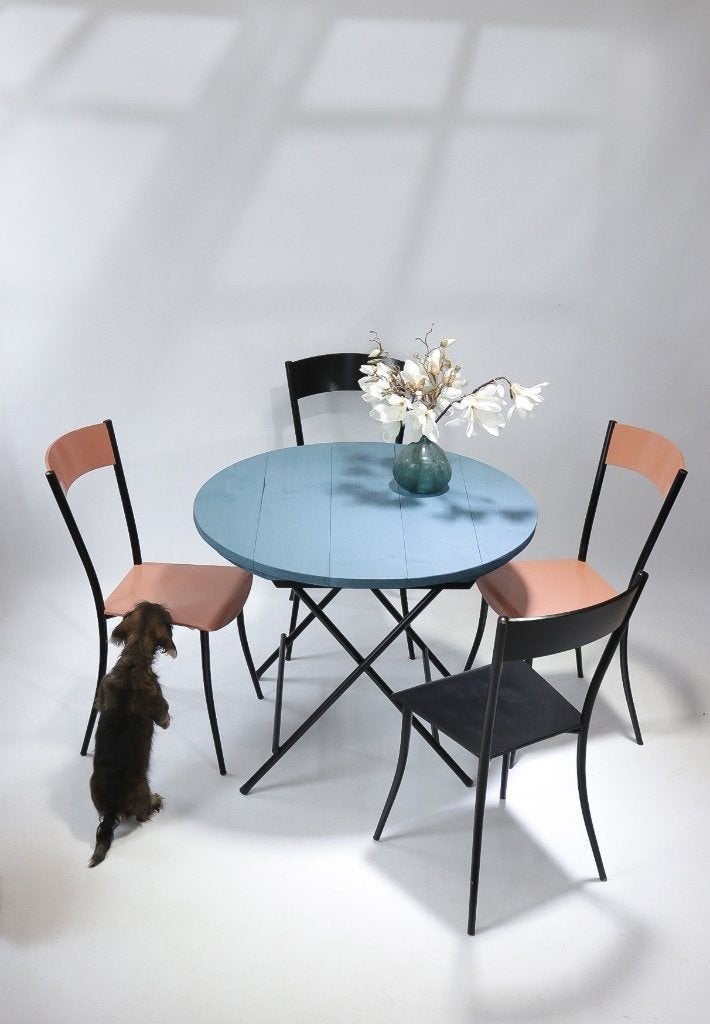Franse Stijl Ronde Klaptafel Bistro Terrastafel Vaalblauw, Rond, Moins de 55 cm, Industrieel, Vintage, Boho, Memphis Milano, Enlèvement